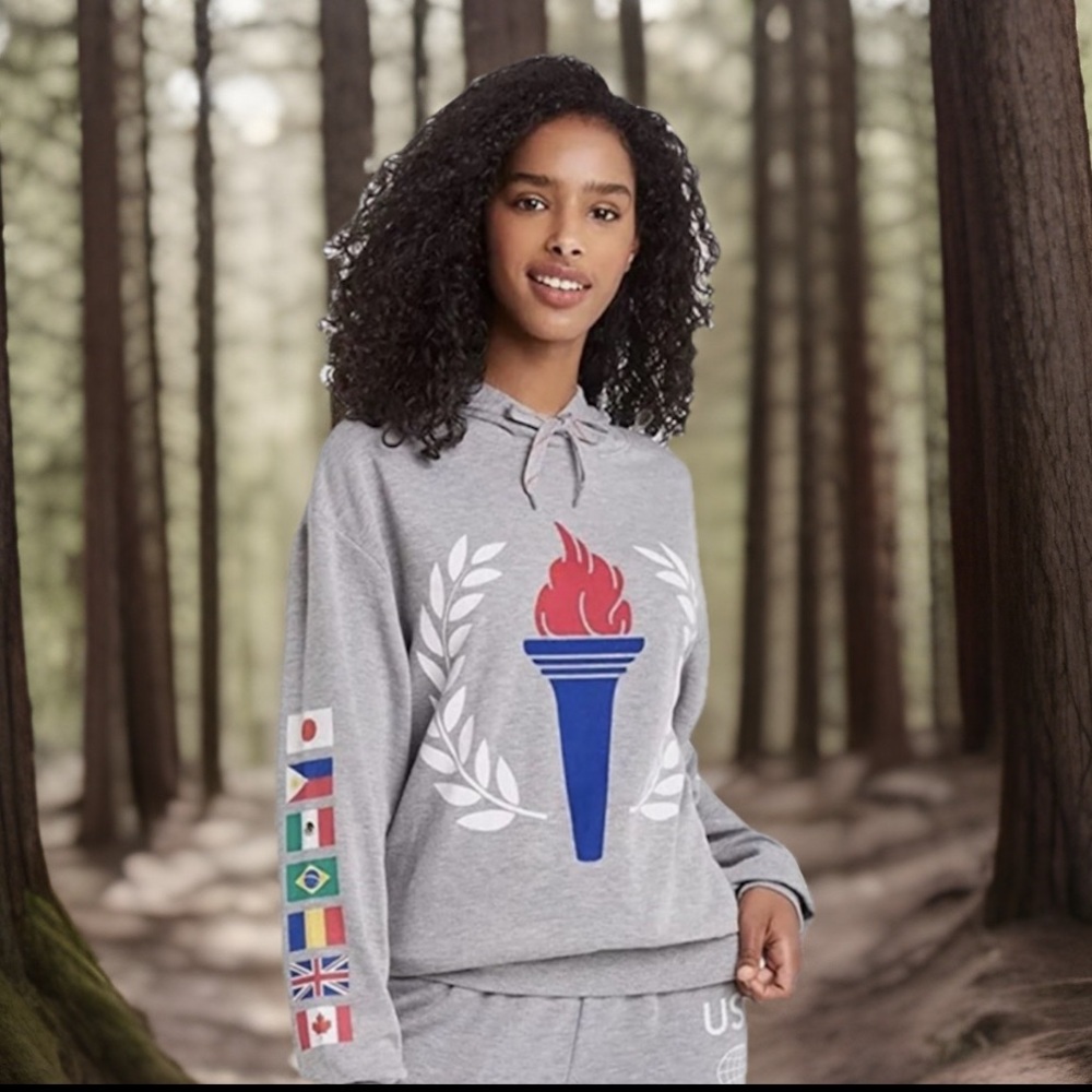 Olympics Flame Hoodie W/14 Flags On Sleeves Pullover Gray Hooded Sweatshirt NWT
